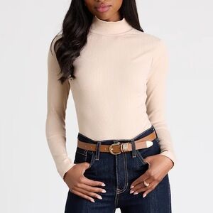 Lulu's Beige Ribbed Mock Neck Long Sleeve Bodysuit